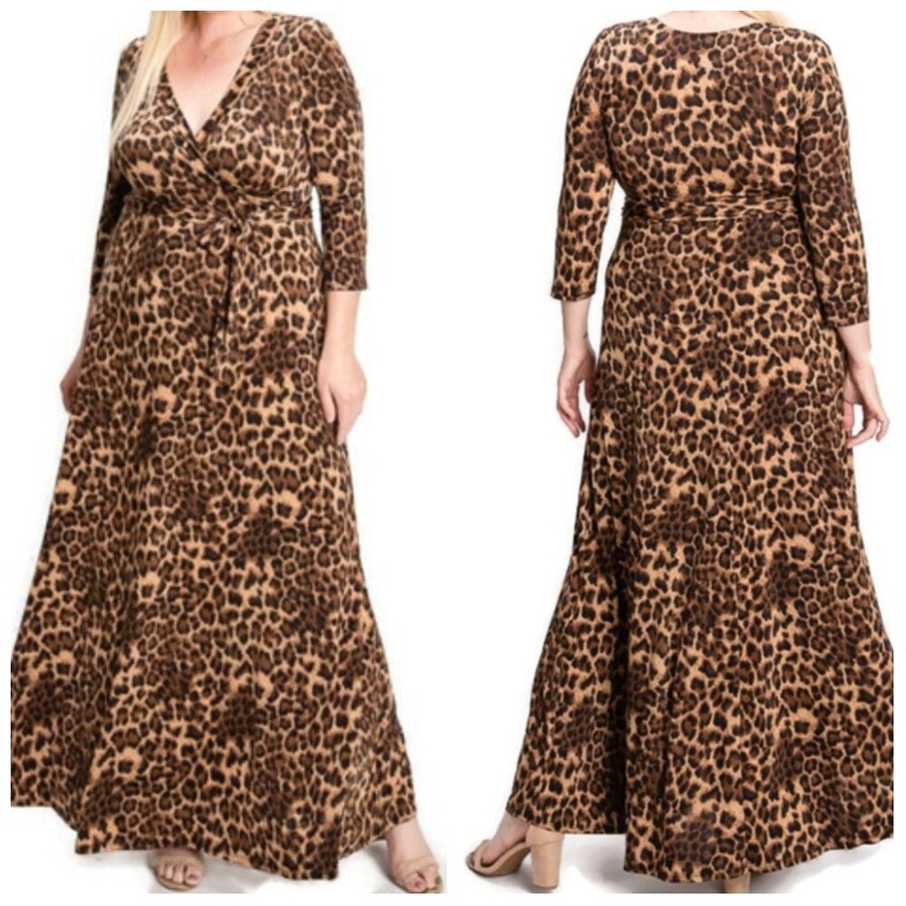 Janette Fashion Leopard Faux Wrap Maxi Plussize Dress